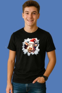 Tricou Vaca Fericita Cu Caciula Mosului Craciun, din bumbac 100% Copii | Dama | Barbat - Img 3