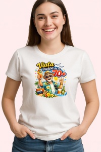 Tricou Viata Incepe La 70 Ani Barbat La Plaja V2, din bumbac 100% , tricou alb pentru Dama | Barbat