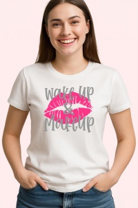 Tricou Wake Up And Makeup Buze Roz Ruj Negru, din bumbac 100% , tricou alb pentru Dama