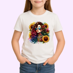 Tricou wavy hair girl cool glasses sunflower, fata cu par ondulat ochelari cool si floarea soarelui, Copii | Dama | Barbat - Img 3