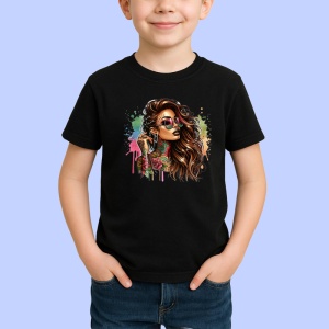 Tricou Windswept long hair sunglasses tattooed, par in vant si ochelari fata tatuata, Copii | Dama | Barbat , tricou negru - Img 2