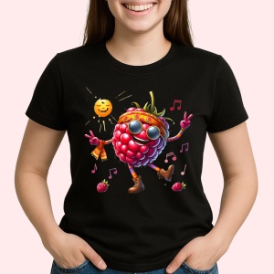 Tricou Zmeura amuzanta de vara dansator la soare, Fructe, Copii | Dama, culoare negru - Img 2