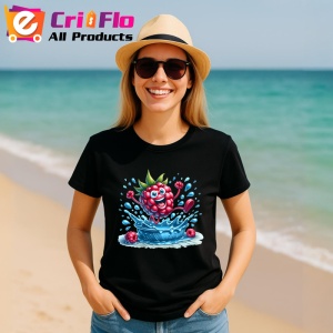 Tricou Zmeura amuzanta de vara saritura in apa, Fructe, Copii | Dama, culoare negru - Img 11