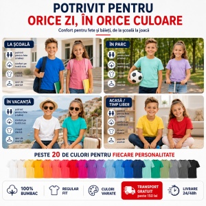 Tricouri copii simple din bumbac 100% – fete și băieți, 20 culori - Img 7