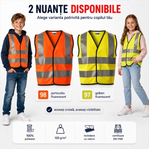 Vestă Copii Reflectorizantă Hi-Vis cu Benzi Reflectorizante – HV Bright 9V4