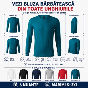 Bluză Bărbătească Brave 155 cu Mânecă Lungă, 95% Bumbac, 5% Elastan, Guler Rotund, S–3XL, 6 Culori - Img 9