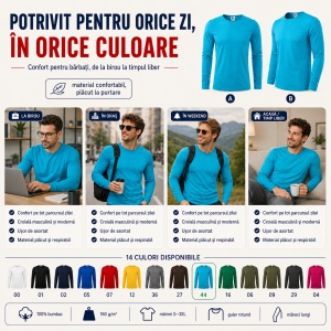 Bluză Bărbați Malfini 100% Bumbac, Mâneci Lungi, Slim Fit, 160 g/m², Guler Rotund, Mărimi S–3XL - Img 8