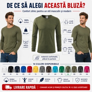 Bluză Bărbați Malfini FIT-T LS 119, 100% Bumbac, Mâneci Lungi, Slim Fit, 160 g/m², Guler Rotund - Img 2