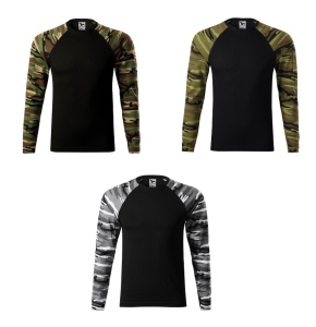 Imagine de prezentare pentru bluza cu maneca lunga tip camuflaj si cele 3 nunate disponibile verde inchis, maro, gri deschis