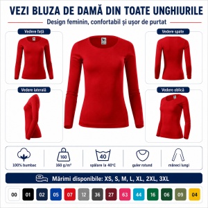 Bluză Damă cu Mânecă Lungă, 100% Bumbac, 169 Fit-T LS, slim fit cambrat – 14 Culori, XS–3XL - Img 11