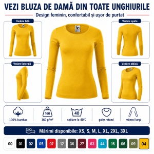 Bluză Damă decoltată din bumbac 100, slim fit cu mânecă lungă - 14 nuanțe - Img 6