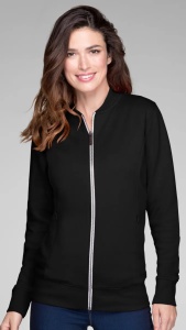 Femeie îmbrăcată într-o bluza dama eleganta cu fermoar si buzunare de culoare negru
