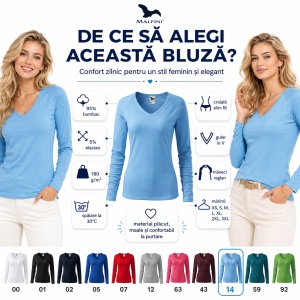 Bluză Damă Malfini Elegance 127 cu Mânecă Lungă și Guler V, 95% Bumbac – XS–3XL - Img 2