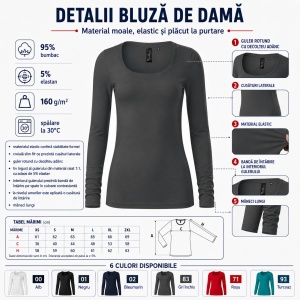 Bluză Damă Malfini Premium Brave 156 – Mânecă Lungă, Slim Fit, 95% Bumbac, 5% Elastan, 160 g/m² - Img 10