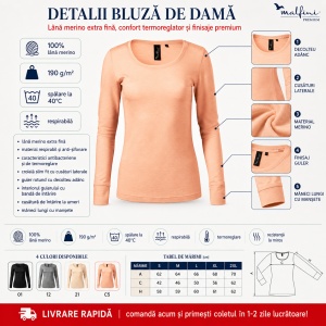 Bluză Damă Malfini Premium Merino Rise LS 160 – 100% Lână Merino, Mânecă Lungă, Slim Fit - Img 5