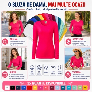 Bluză Damă Slim cu Mânecă Lungă, Bumbac 95% – 15 Nuanțe, XS–3XL - Img 8