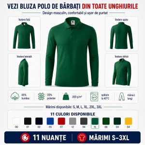 Bluză polo bărbați Malfini Pique Polo LS 221, mânecă lungă, 65% bumbac, 200 g/m² - Img 3