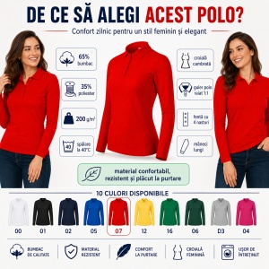 Bluză Polo Damă cu Mânecă Lungă Malfini, Croială Cambrată, Guler Polo Raiat, 4 Nasturi, 10 Culori, Mărimi XS–2XL - Img 10