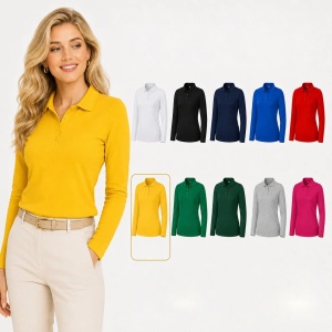 Bluză Polo Damă cu Mânecă Lungă, Slim Fit, Cambrată, Guler Pique Polo, 10 Culori, XS–2XL