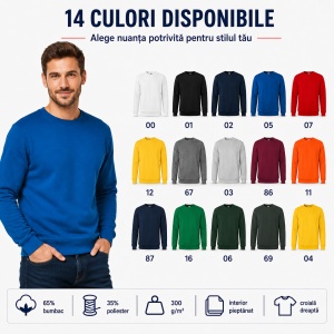 Bluză tip hanorac bărbătească fără glugă, din bumbac, 300 g/m², 14 culori