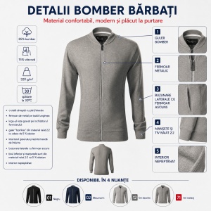 Bluză tip hanorac cu fermoar pentru bărbați, guler bomber, buzunare cu fermoar, 4 culori disponibile - Img 8