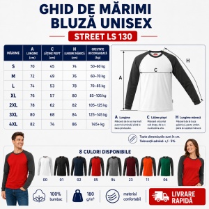 Bluză Unisex Damă și Bărbat Rimeck 130 Street LS, Bicoloră, Mâneci Lungi Raglan, 100% Bumbac, 180 g/m², S–4XL - Img 4