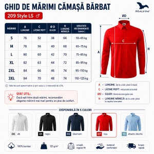 Cămașă bărbați cu mânecă lungă Malfini 209 Style LS, 100% bumbac, croială regular fit, guler clasic și buzunar la piept - Img 4