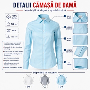 Cămașă Damă Elegantă din 100% Bumbac, Premium – Office & Business, Mânecă Lungă, Croială Cambrată - Img 3
