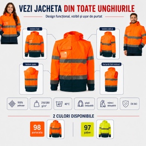 Geacă Unisex Bărbat Damă tip Jachetă și Vestă de Lucru 4 în 1, Reflectorizantă și Impermeabilă – HV Guard - Img 9