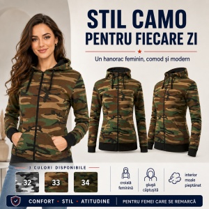 Hanorac Camuflaj Damă cu Glugă și Fermoar Malfini C20 Camo Zipper – 300 g/m² - Img 7