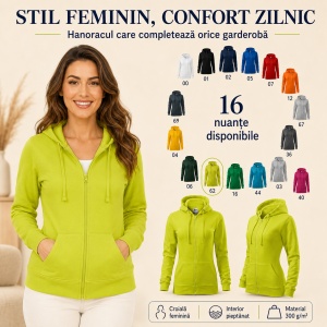 Hanorac Damă cu Fermoar și Glugă Malfini 411 Trendy Zipper – 300 g/m²