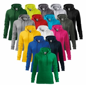 Imagine de prezentare a hanoracului dama tip bluza cu fermoar si 2 buzunare si culorile disponibile verde, albastru, negru, rosu, alb, gri, turcoaz, galben