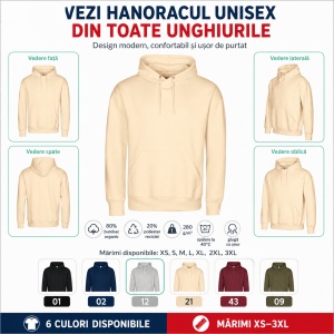 Hanorac unisex cu glugă pentru damă și bărbat, bumbac organic, 280 g/m² - Img 7