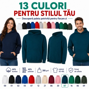 Hanorac Unisex Damă și Bărbați cu Glugă – 60% Bumbac, Interior Pieptănat, 280 g/m², XS–4XL