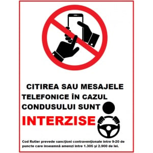 Indicator Citirea sau mesajele telefonice in cazul condusului sunt interzise, Sticker autocolant