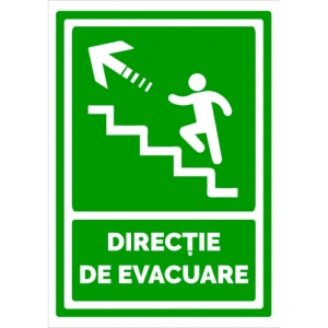Indicator Semn pentru directie de evacuare spre scari in stanga sus, Sticker autocolant