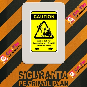 Indicator Sign caution watch out for pedestrian and forklift around corner, Sticker autocolant - Img 3