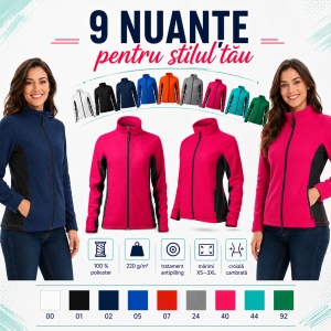 Jacheta Bluza Fleece dama cu fermoar Frosty 528, 220 g/m², antipilling, croiala cambrata, 9 culori, XS-3XL