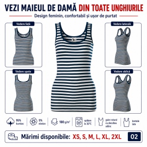 Maieu Top Damă Marinăresc cu Dungi Alb, tricou fără mâneci -Albastru Marin – Malfini 806 Sailor, 95% Bumbac, Slim Fit - Img 5