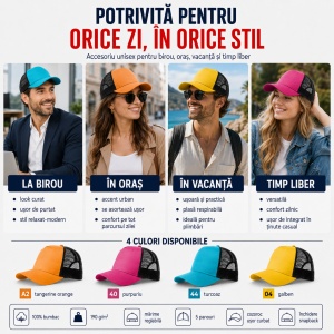 Șapcă Trucker pentru Bărbați, Reglabilă, cu Plasă – 100% Bumbac, unisex, 5 Panouri, Cozoroc Curbat - Img 6