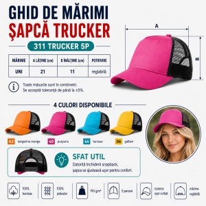 Șapcă Trucker Unisex, Damă, Reglabilă, cu Plasă – 100% Bumbac, 5 Panouri, Cozoroc Curbat - Img 6