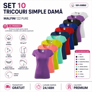 Set 10 Tricouri Damă 100% Bumbac – Multicolor, Alb, Negru, Purpuriu, Albastru Regal, Roșu, Verde Mentă, Midnight Blue, Lime, Coral și Violet | Transport Gratuit - Img 5