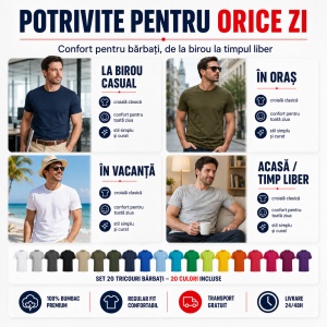 Set 20 Tricouri Bărbați 100% Bumbac, Multicolor, Croială Regular Fit, Mărimi S - 3XL, Transport Gratuit - Img 10