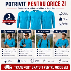 Set 3 Bluze Bărbați 100% Bumbac, Mâneci Lungi, Slim Fit, 160 g/m², Aceeași Culoare, 14 Culori Disponibile, Mărimi S–3XL - Img 5