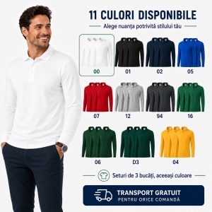 Set 3 bluze polo bărbat, cu guler tip Tommy, mânecă lungă, 11 nuanțe disponibile