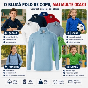 Set 3 Bluze Polo Copii Malfini cu Mânecă Lungă, 65% Bumbac, Unisex Fete și Băieți, 6–12 Ani, 6 Culori - Img 8