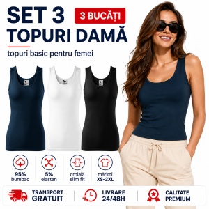 Set 3 Maiouri Damă Tip Top din Bumbac cu Elastan – Negru, Alb, Albastru marin | Tricouri Fără Mâneci XS-2XL - Img 7
