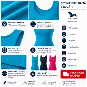 Set 3 Maiouri Damă Tip Top din Bumbac cu Elastan – Tricouri Fără Mâneci, Turcoaz, Albastru Marin și Purpuriu | XS-2XL - Img 5