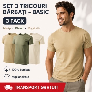 Set 3 Tricouri Bărbați 100% Bumbac – Culori Naturale, Nisip, Khaki, Migdală - Img 11