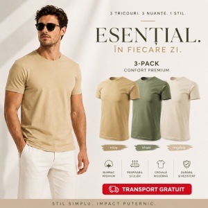 Set 3 Tricouri Bărbați 100% Bumbac – Culori Naturale, Nisip, Khaki, Migdală - Img 10